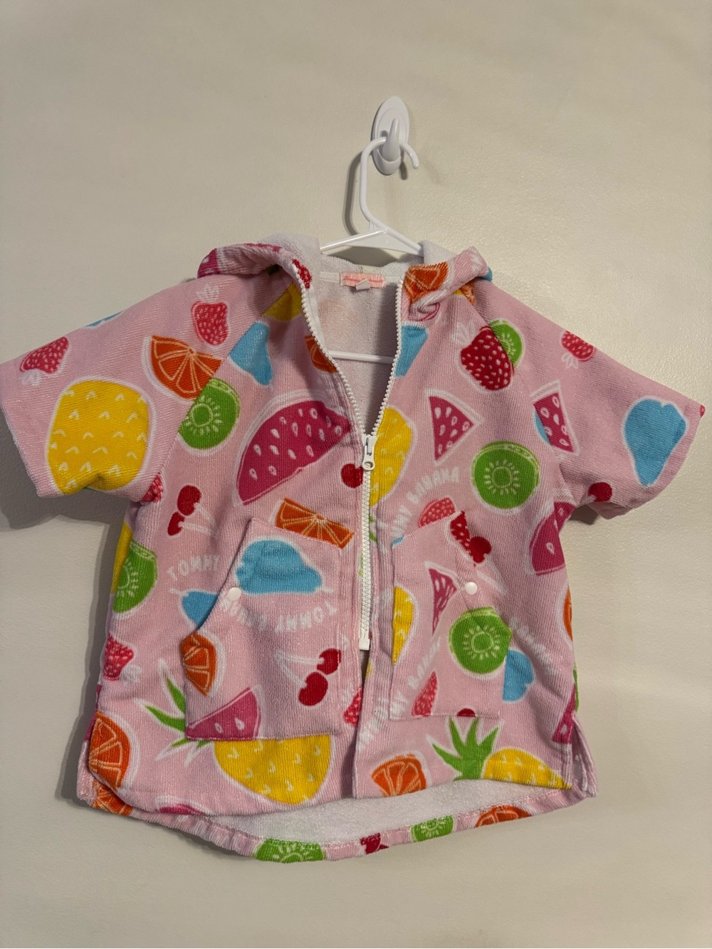 Pink Fruit Print Hooded Zip-Up bathing suit cover up